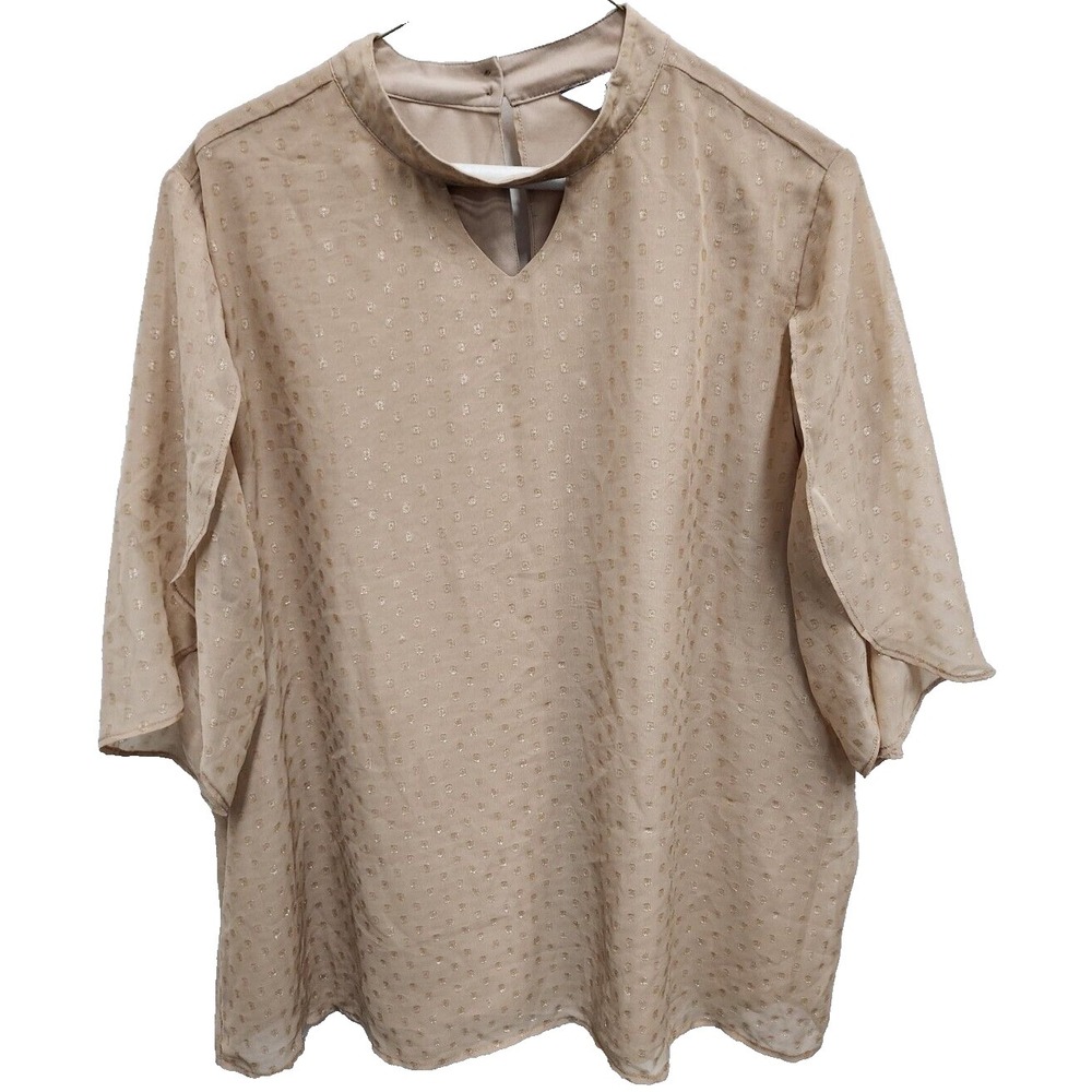 CJ Banks Womens Blouse Top Size 1X Beige Textured Polka Dot Tulip Sleeve Fairy